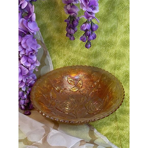 Iridescent Carnival Glass Bowl Orange Marigold Gold Fumed 9" Unmarked Vtg 50s - Picture 3 of 9